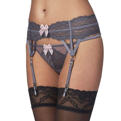 Grey lace bow applique suspender belt